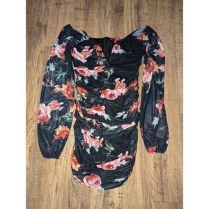 Guess Women's Small Black Floral Sheer Sleeve Ruched Mini Dress